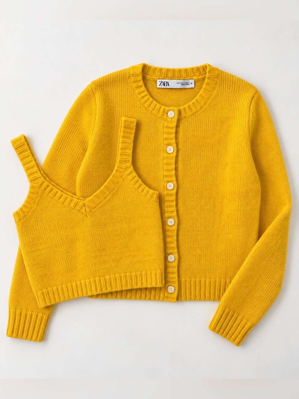 Zara Mustard Yellow Knit Cardigan & Tank Top Matching Set